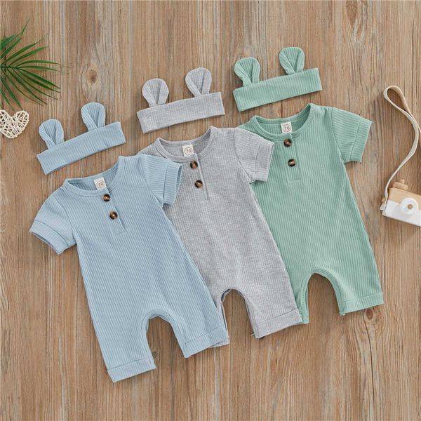 

jumpsuits summer newborn girl boy jumpsuit short sleeved staff neckline solid baby playsuit g220606, Blue