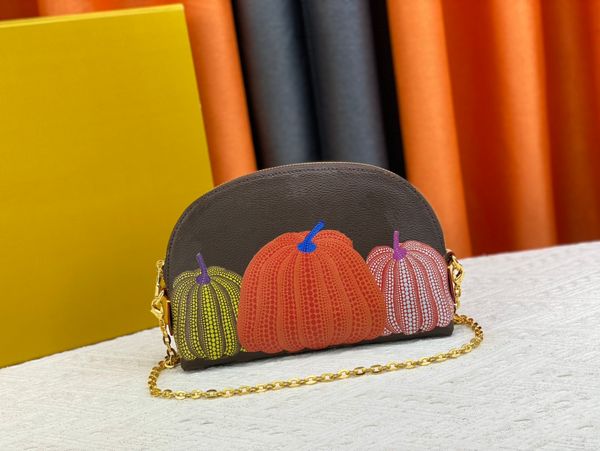 

old flower pumpkin designer pumpkin print pattern curved zipper open cross large makeup bag beauty bag mouth red bag women's shoulder b