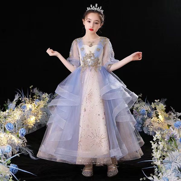 

blue ball gown lace flower girl dresses for wedding sheer jewel neck beaded toddler pageant gowns floor length bling kids prom 2023 girl bir, White;blue