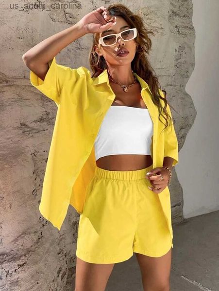 

fashion chic solid cotton single-breasted women shorts set 2023 summer elegant outfits comfort versatile two piece set for women, White;black