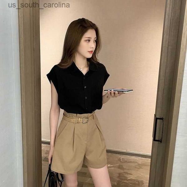 

women's casual suit 2023 summer new korean style fashion crop t-shirt wide leg shorts two piece set for women cute outfits l230522, White;black