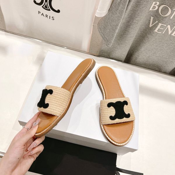 

622sslippers lympia flat slides slippers leather sole raffia sandals triomphe embossed open toes luxury designer for women holiday flats san, Black