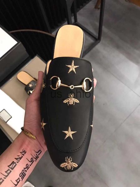 

dress shoes fashion mules princetown leather loafers shoes men slipper black star small bee metal chain men wonen fur slippers ladies casual
