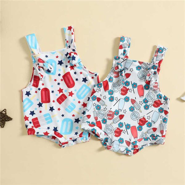 

jumpsuits fashionable summer newborn baby girl sleeveless flower popsicle printed jumpsuit for children set g220606, Blue