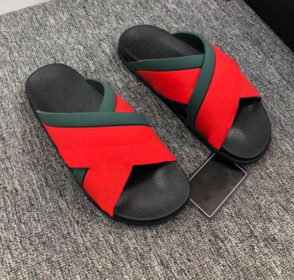 

luxury men web stripe rubber slippers women green red white interlocking g flat slide flip flops summer beach sandals size 35-46, Black