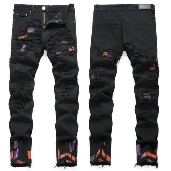 

colorful stitching men's jeans in black distressed fit street wear, Blue