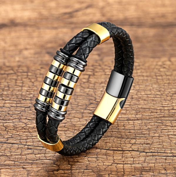 

Retro Men Style Handmade Double Layered Leather Bracelet Stainless Steel Spacer Charm Bracelets Jewelry for Gift