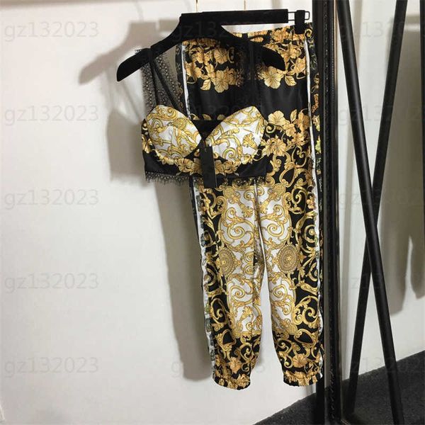 

womens designers vintage sets two piece set printed bustier lace patchwork camisole elastic waist silk casual pants women designer clothes, White