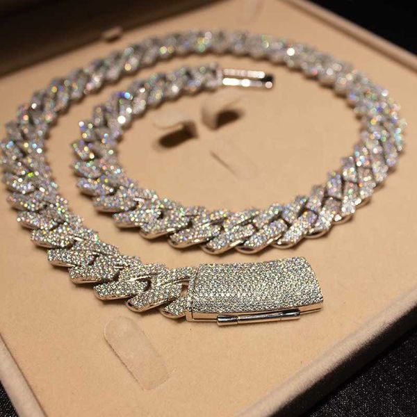

iced out hip hop 15mm 3 rows miami cuban link vvs moissanite prong setting cuban link chain, Silver
