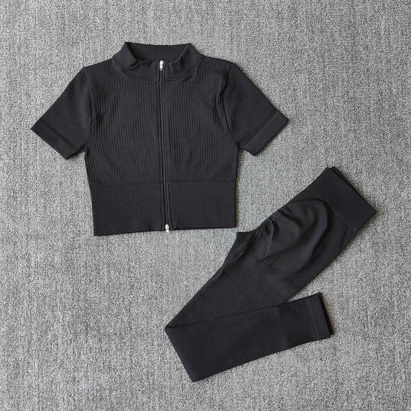 

women's tracksuits seamless yoga set women gym sport suit sportswear workout clothes zipper short sleeve crop high waist leggings, Gray