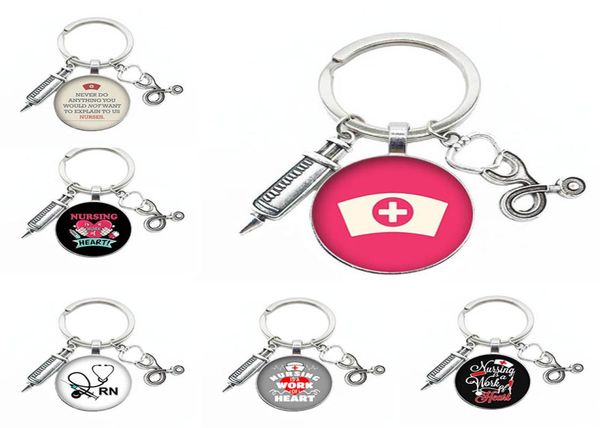 

heart pattern nursing keychain medical stethoscope syringe glass pendant keyring nurse doctor medical student key ring gift2356792, Silver