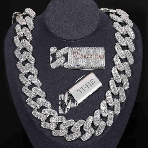 

factory custom 25mm 925 sterling silver 2 rows vvs baguette moissanite diamond iced out cuban link chain necklace