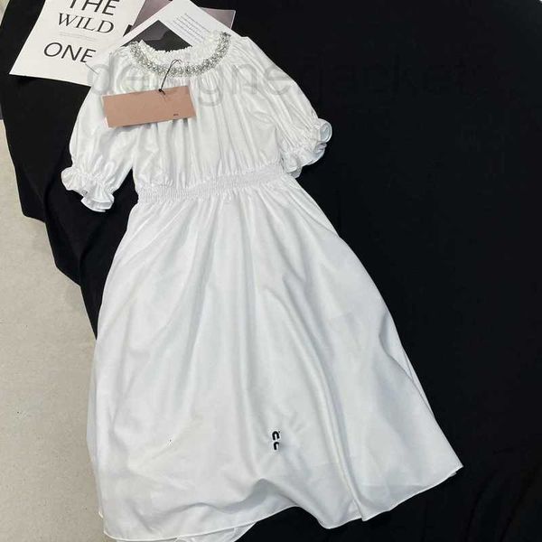 

basic & casual dresses designer summer new girls' sweet pleated pearl rhinestone embroidery letter bubble short sleeve dress uwe2, Black;gray