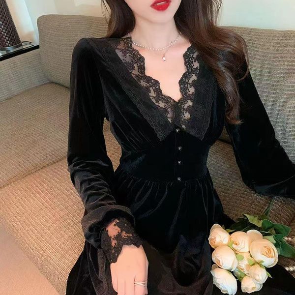 

dresses vintage black veet women dress vneck lace petal sleeve elegant lady midi dresses for party night vestido negro, Black;gray