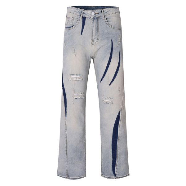 

hole cut patchwork washed blue baggy jeans pants straight pocket loose casual denim trousers men's oversized cargos