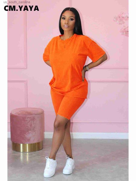 

cm.yaya fashion women's set short sleeve t-shirt and legging shorts suit 2023 active sweatsuit two 2 piece set outfit tracksuit l230522, White;black