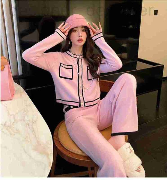 

women's two piece pants designer o-neck single breasted sweater and wide leg 2 piece long pants twinset trousers suit smlxl qham, White
