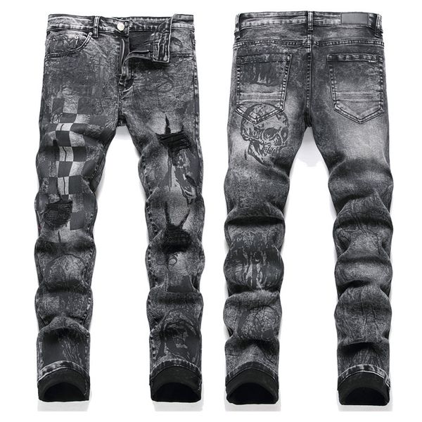 

black printed biker jeans man slim fit zip-fly dark color, Blue