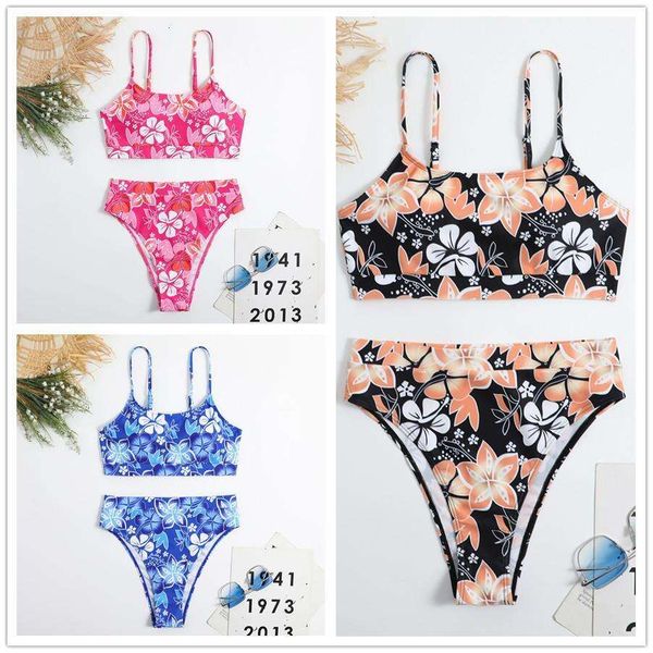 

womens split high waist print bikini, White;black