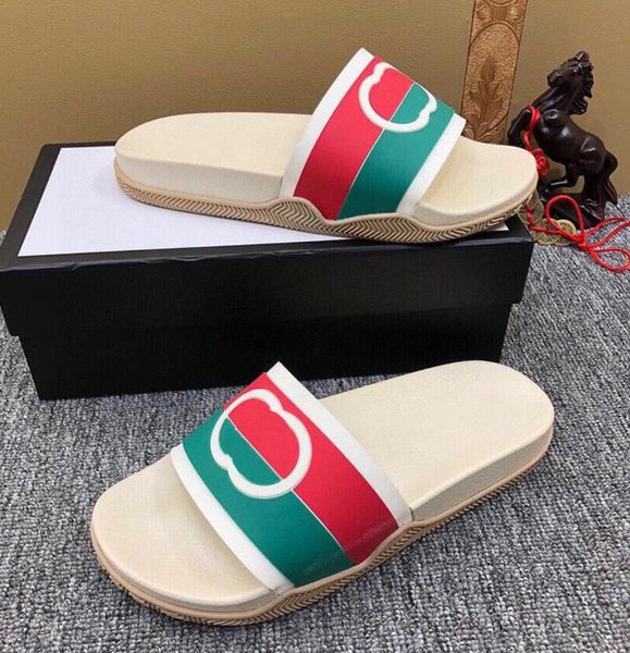 

luxury interlocking g slippers red green stripes flat rubber white footbed leather web slides men women summer beach sandals with box, Black