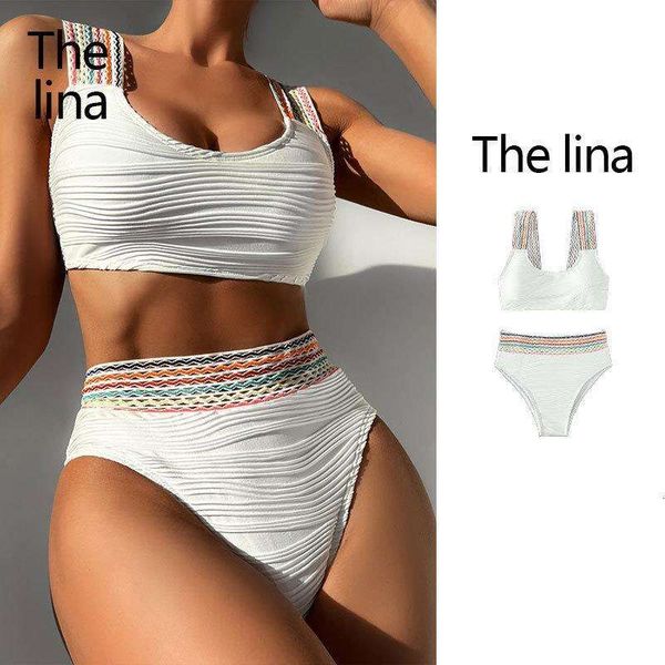 

split swimsuit womens high waist pure color beach bikini wholesale, White;black