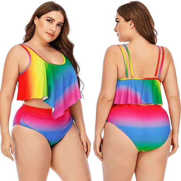 

bikini rainbow printing split gradient color plus size ruffled swimsuit for women, White;black
