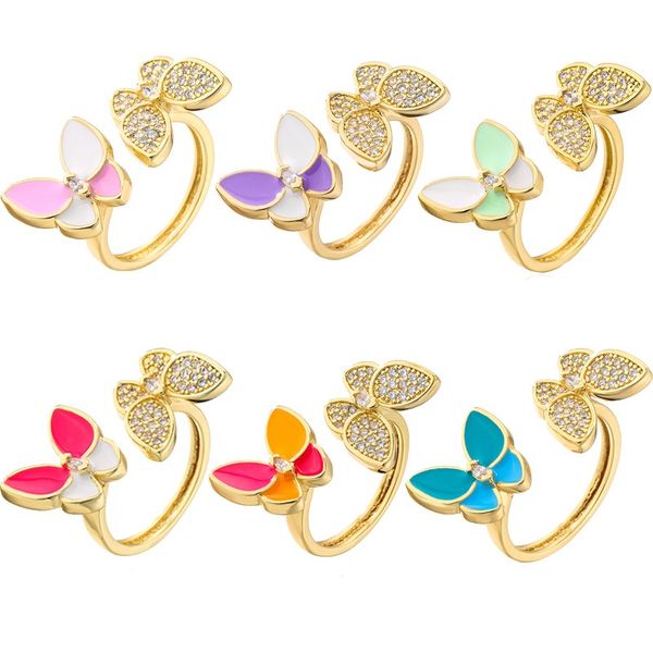 

light luxury 18k gold plated butterfly rings with crystal stone sweet candy color ring for women couple fine jewelry gift, Silver