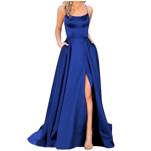 

women elegant halterneck backless long dresses slit criss-cross satin spaghetti strap party prom dress evening ceremonial, White;black