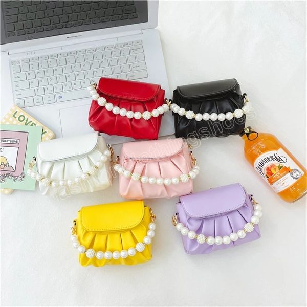 

beads chain children's shoulder bag fashion ruched girls princess small crossbody bags pu leather kids handbags cute coin purse, White