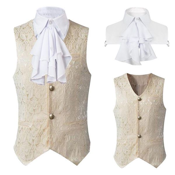 

blazers mens single breasted vest gothic steampunk victorian brocade waistcoat men medieval halloween costume party vests with jabot tie, White;black