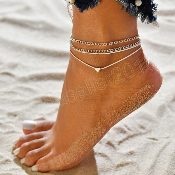 

bohemian fashion multilayer anklet bracelet on the leg heart handcuff anklets barefoot for women leg chain beach foot jewelry, Red;blue