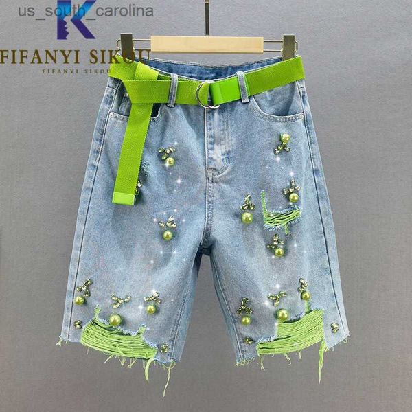 

2023 summer denim shorts women beading fashion ripped jeans shorts casual loose high waist knee length short pants female, White;black