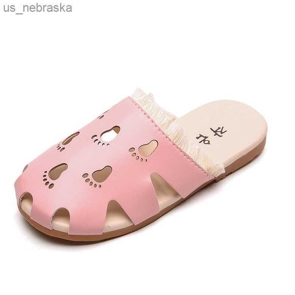 

big girls slippers summer children shoes fashion hollow out tassel outdoor flat sandals slippers for kids girls slides pink 210713 l230518, Black;grey