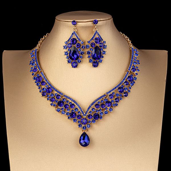 

creative new exaggerated crystal necklace earrings bridal wedding jewelry set alloy water diamond glass temperament fashion banquet dress ac, White