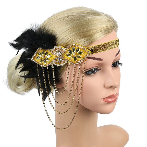 

1920 makeup ball retro headworn women's wedding party ball party feather headband black feather rhinestone flower tassel headband mj-00