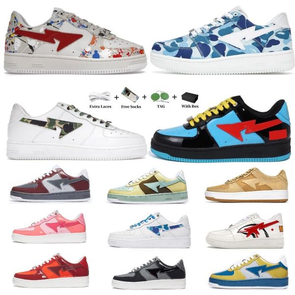 

with box designer shoes for mens womens bapestas outdoor trainers patent leather black white shark sax blue abc camo green white flats ridin