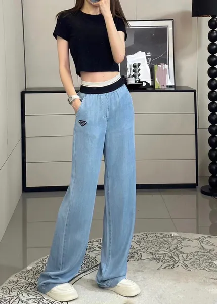 

Designer Embroidery Anagram Women Jeans Autumn Winter Jeans Fashion Straight Pants Casual Style High Waist Loose Trouser V4, Blue