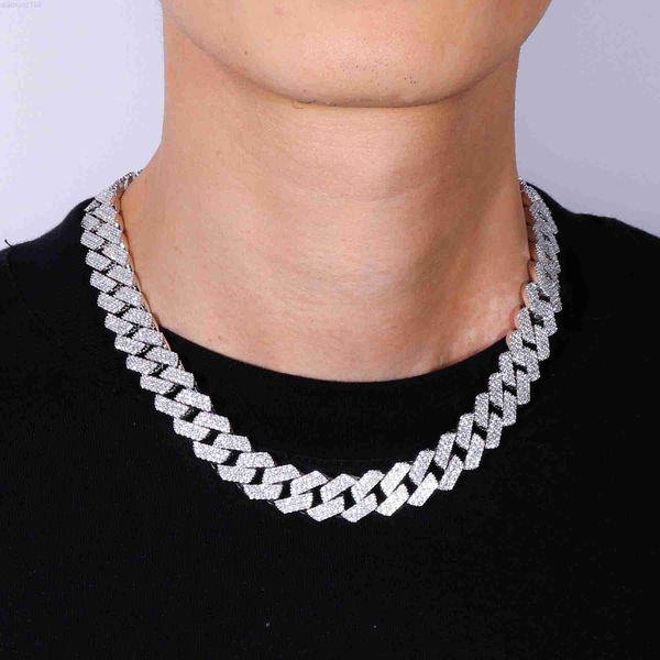 

2023 new fashion jewelry hip hop 925 sterling silver gold plated 15mm prong iced out necklace cuban link chain