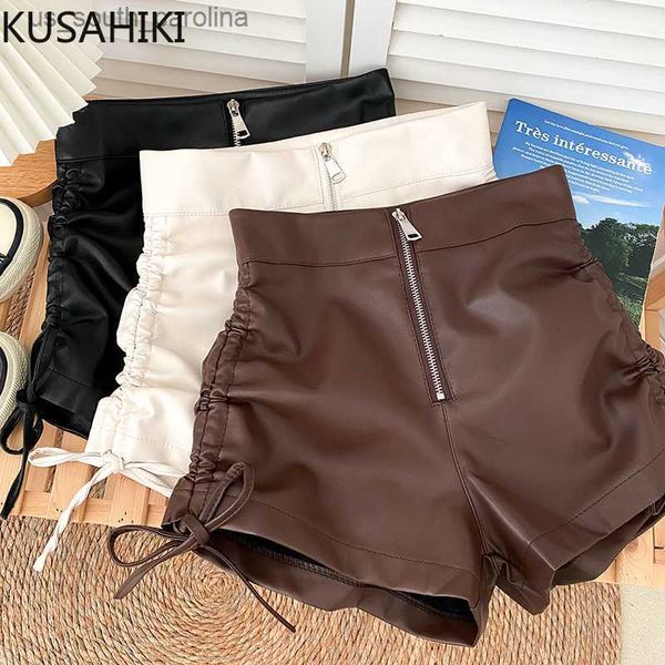 

kusahiki pu leather zipper high waist shorts women 2023 autumn winter new bottom causal korean fashion drawstring wide leg short l230522, White;black