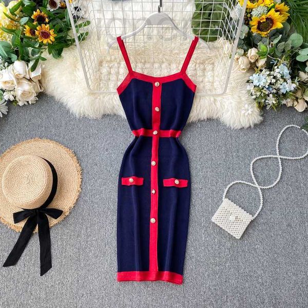 

basic & casual dresses designer 2021 new design women's fashion color block spaghetti strap single breasted knitted pencil tank dress 5, Black;gray