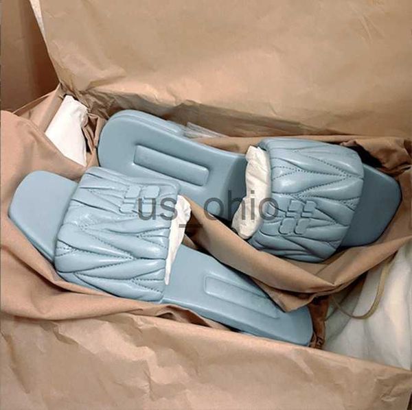 

slippers designers women slippers sandals miu fashion wrinkle flat slides flip flops summer genuine leather outdoor loafers beach shoes j230, Black