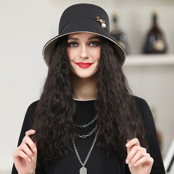 

16 -inch wig hat integrated female medium long hair wearing wigs to choose many styles, support customization, Black