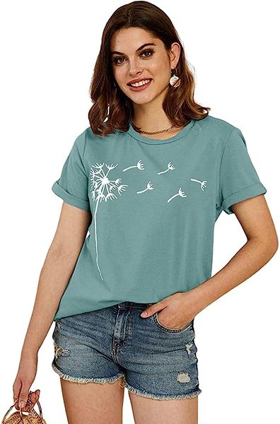 

womens dandelion print t shirts cute graphic tees short sleeve summer cotton tee, White