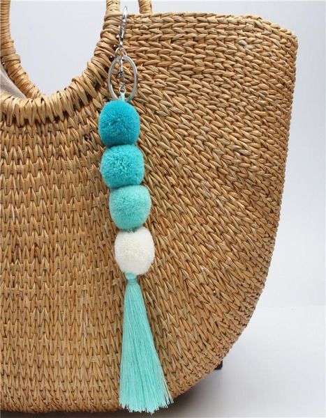 boho pompom keychain bag hanging with tassel key chain for women big ball summer jewelry party gift7375450, Silver