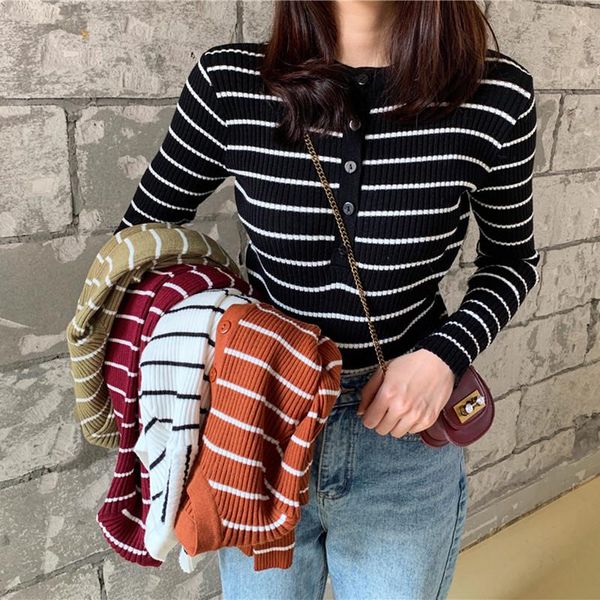 

t-shirt gdzs autumn harajuku vintage shirts women tshirts elegant stripes knitted tees buttoned long sleeve fashion womens clothing top, White