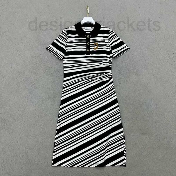 

basic & casual dresses designer summer new commuter style minimalist fashion stripe contrast triumphal arch fold up collar dress qdna, Black;gray