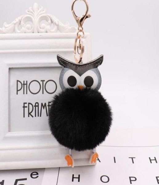 

cute pompom owl keychain plush keyring rabbit fur ball pompon fluffy leather cartoon key ring accessories jewelry1509518, Silver