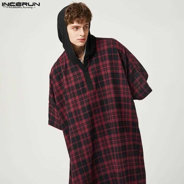 

incerun men hoodies loose plaid patchwork hooded irregular long style sweatshirt cloak men streetwear 2023 fashion ponchos s-5xl l230520, Black