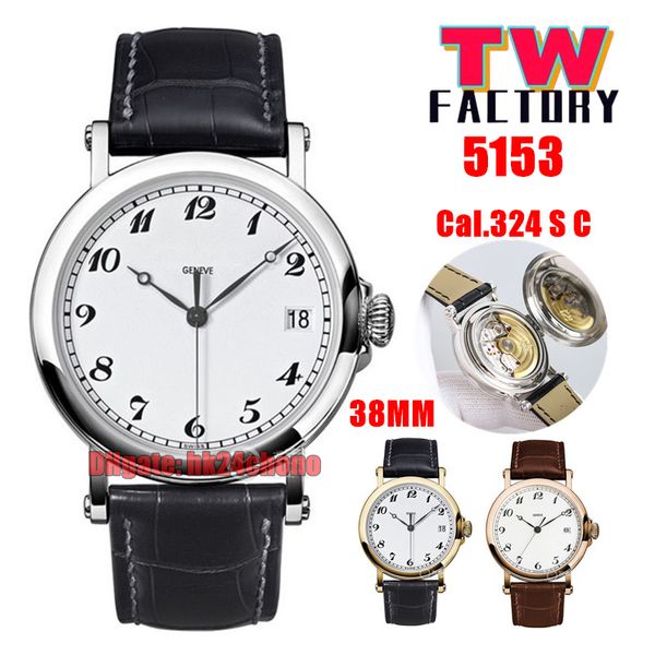

tw watches twf 5153g-011 5153j-011 calatrava date 38mm cal.324 s c automaticr mens watch white dial leather strap gents wristwatches 5153, Slivery;brown