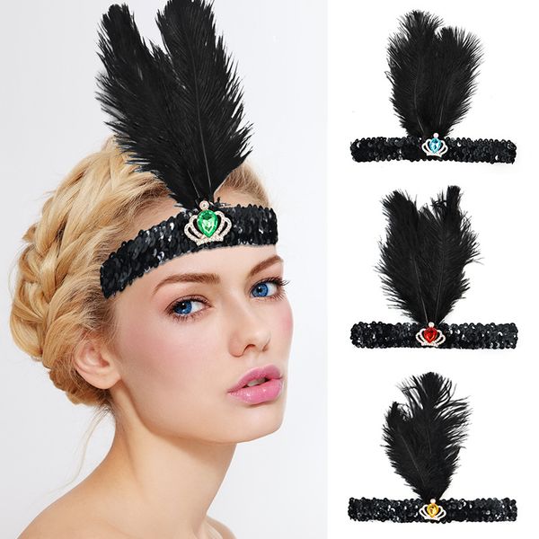 

dressed up for a ball, wearing a black feather headband, an amazing gatsby headdress, a crown, emerald, and elastic headband mj-0012